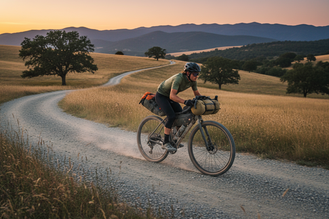 Gravel bike con borse da bikepacking su sentiero